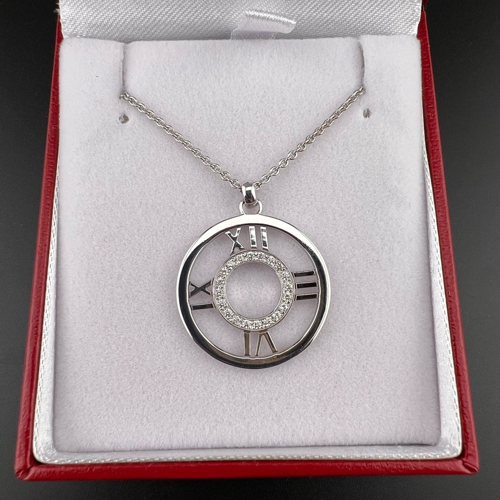 Tiffany & Co. Atlas Open Medallion Pendant Necklace 18K White Gold with Diamonds